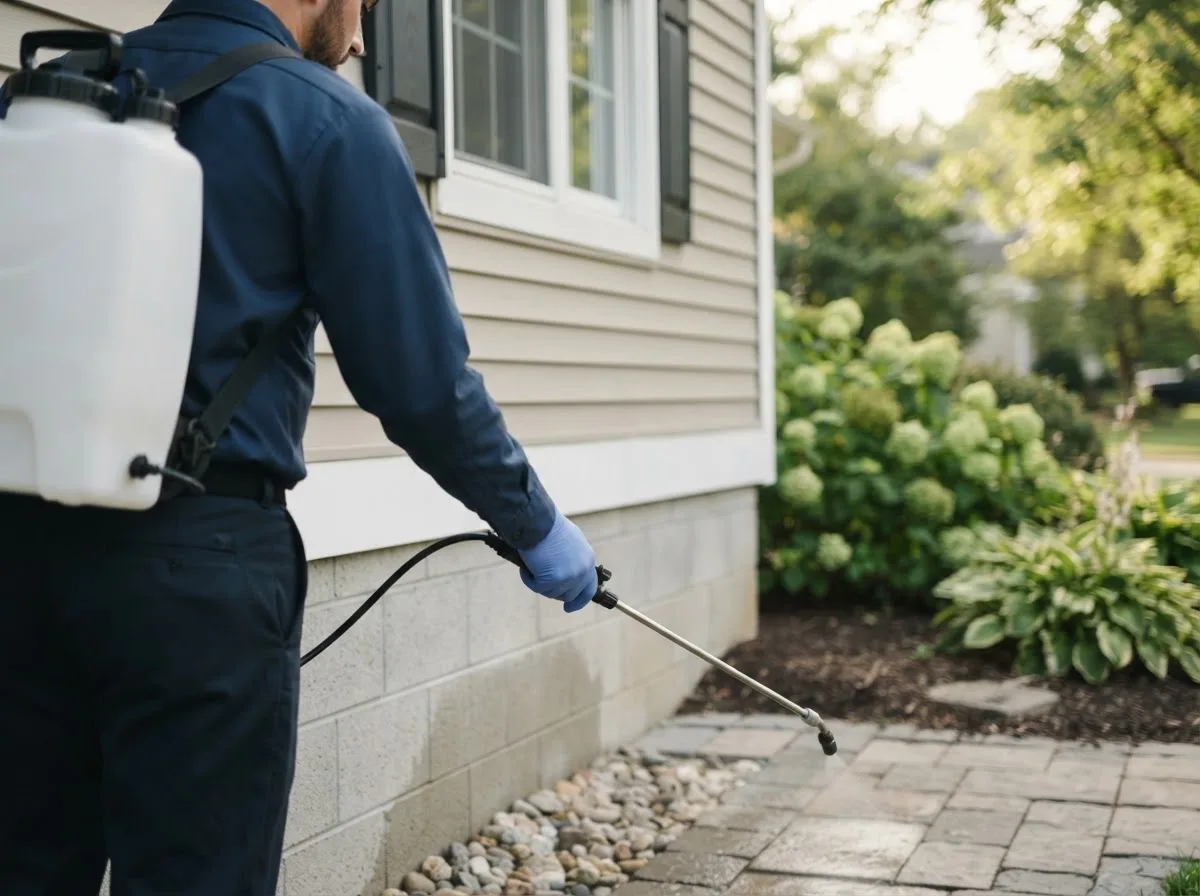 Pest control technician inspecting a home in Stockland, IL